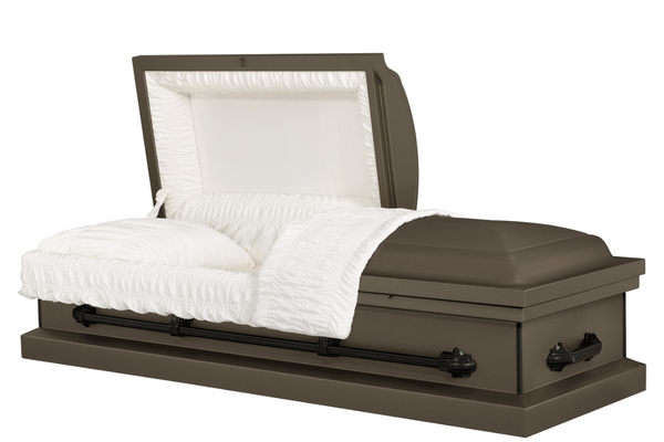 A simple designed metal casket finished in bronze with beveled edges and bronze handles