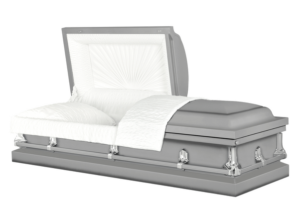 A simple silver casket with steel finish